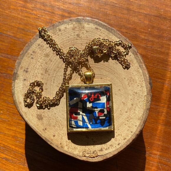 Square Red White and Blue Vintage US Postal Stamp Pendant Necklace 24" Chain - Picture 5 of 6